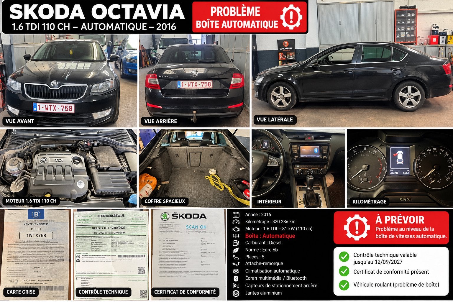 Skoda Octavia 1.6 TDI 110 ch – Automatique – 2016 –À réparer, Achat, Noir, Automatique, Particulier