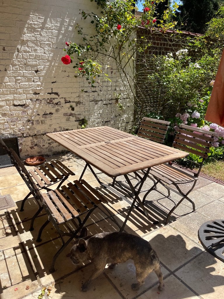 Table et 6 chaises en tek et fer forgé de qualité de jardin, Jardin & Terrasse, Ensembles de jardin, Chaise, Comme neuf, Enlèvement
