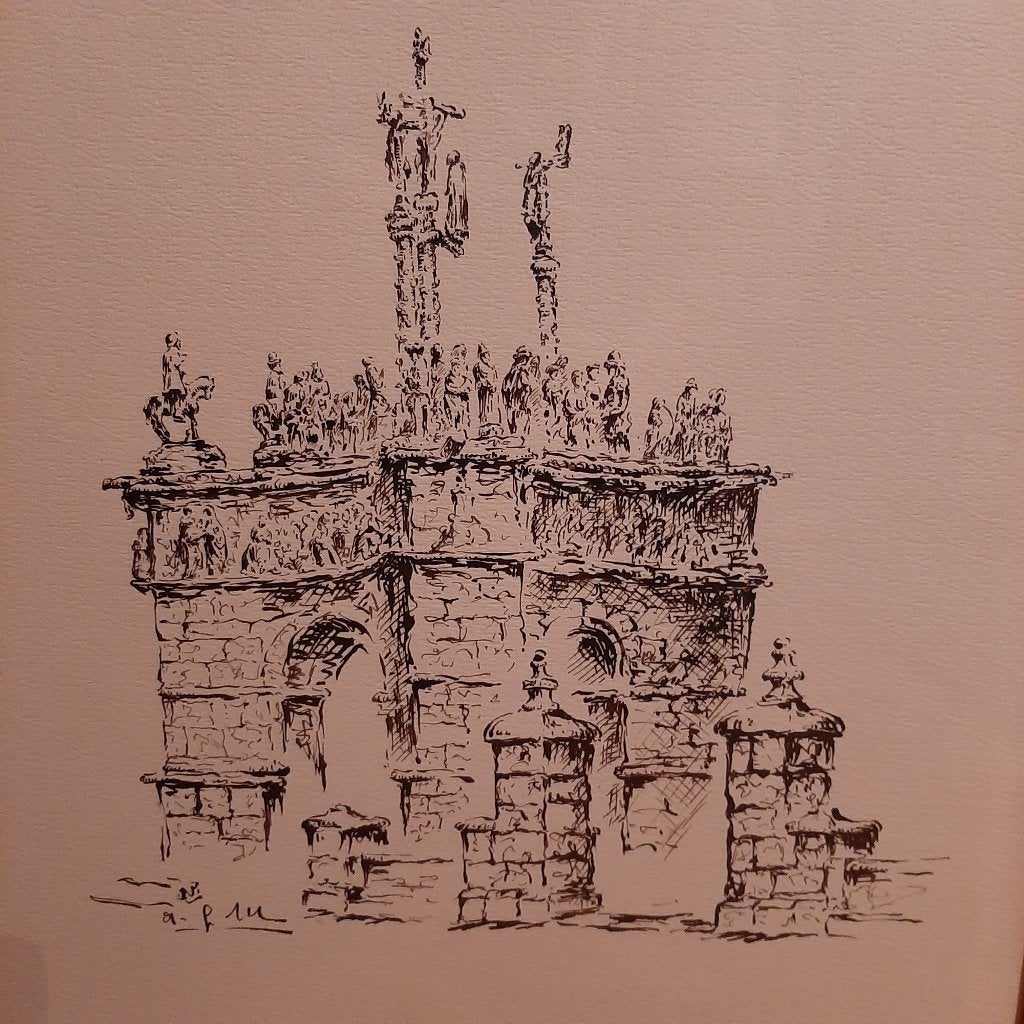 Ets ingekaderd (42 x 52): Calvaire de Pleyben - Bretagne, Antiek en Kunst, Ophalen, Architectuur, Ets