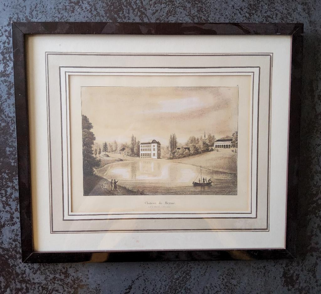 Meise gravure van het Château de Meysse, Antiek en Kunst, 31 cm, Ingelijst, Architectuur, Ophalen of Verzenden