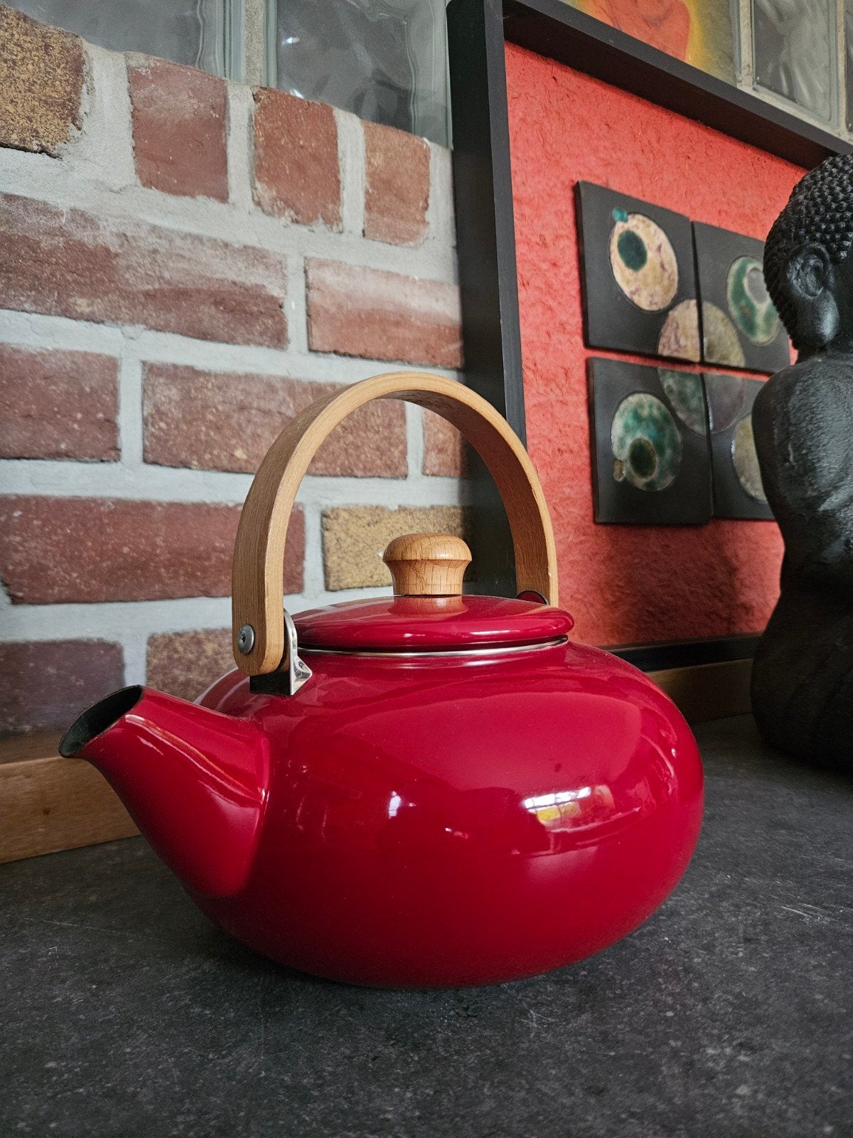 Rode geëmailleerde theepot met houten handvat, Ophalen of Verzenden