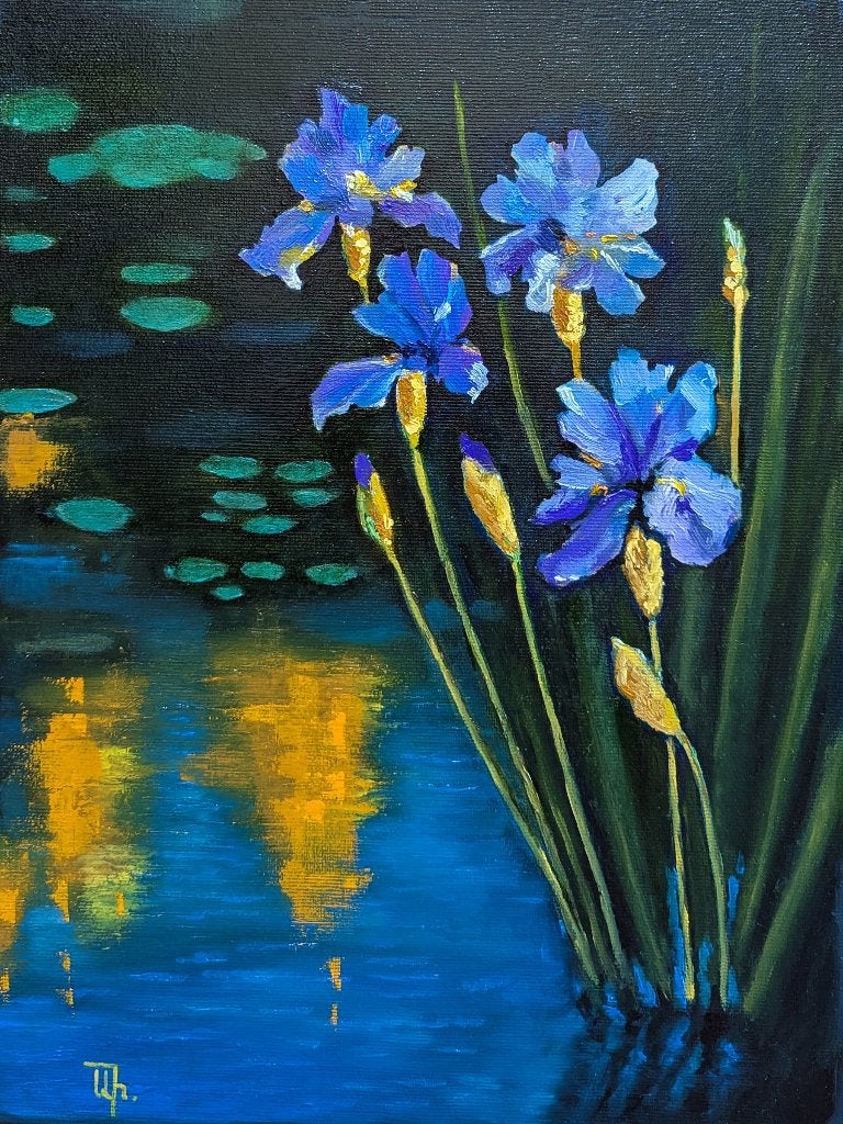 Peinture « Iris », Antiquités & Art, Art | Peinture | Moderne, Textile, Peinture à l'huile, Fleurs, Sur cadre en bois