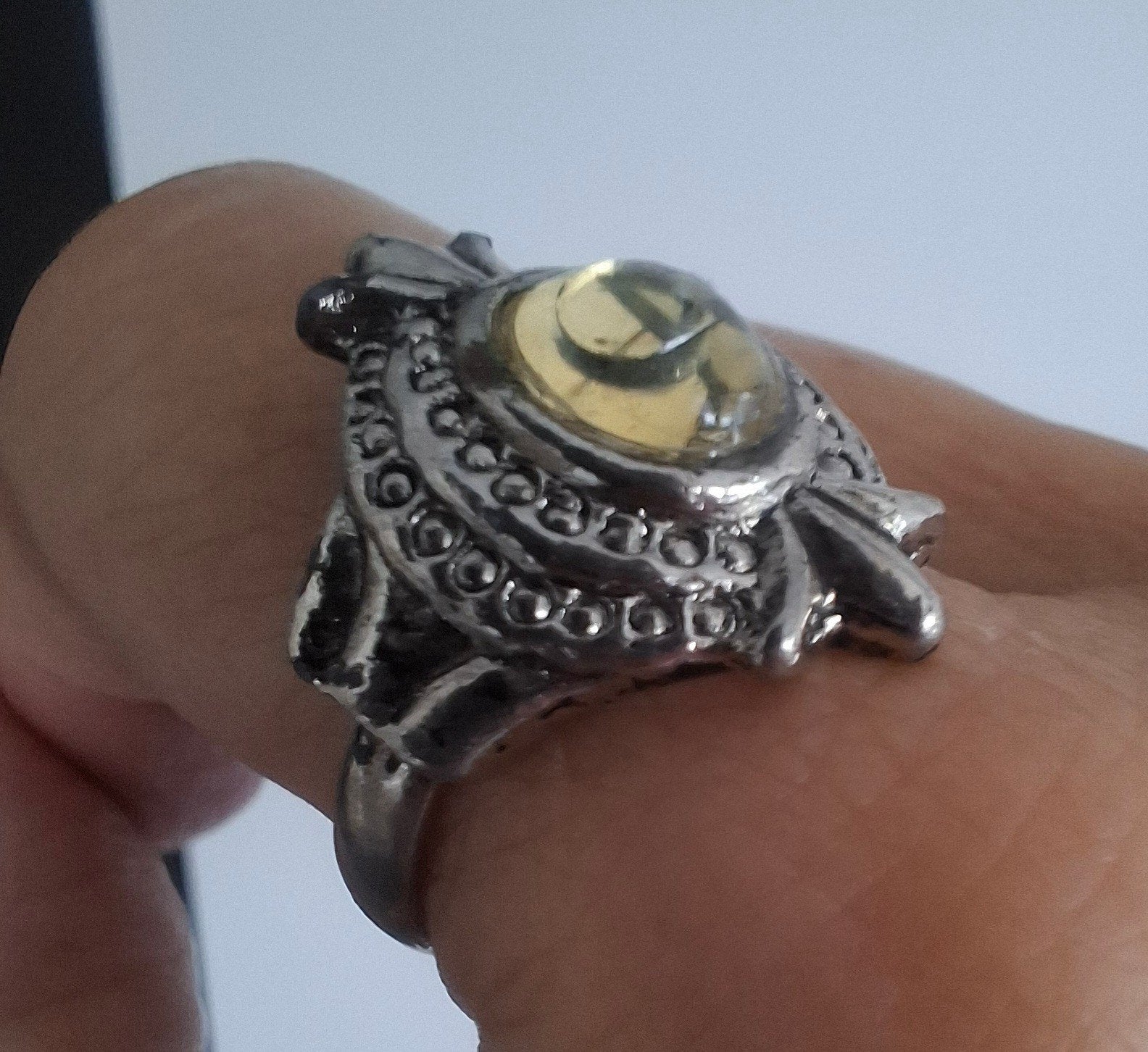 Bague ancienne argenté pierre citrine goutte translucide, Jaune, 18 à 19, Femme ou Homme, Comme neuf