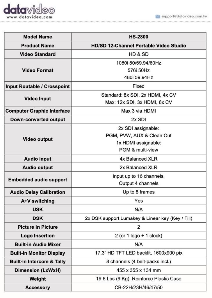Studio vidéo portable DATAVIDEO HS-2800 8 canaux., Autres marques, Mélangeur/commutateur vidéo, Enlèvement, Comme neuf
