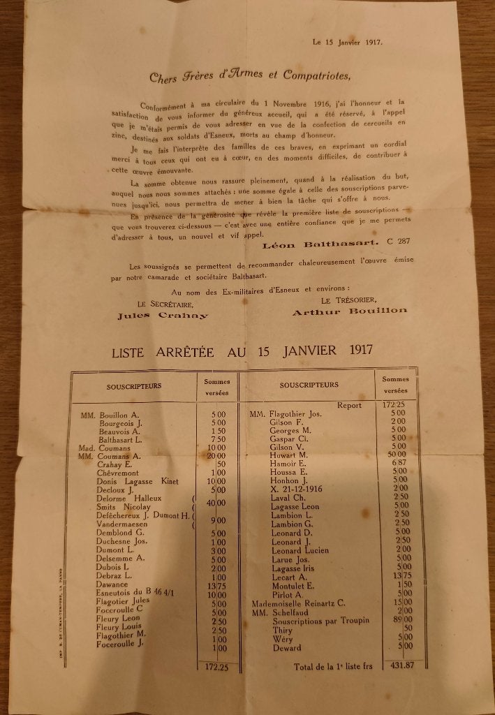 WO1-document  opgeroepen tot donaties door het maken kisten, Ophalen of Verzenden, Landmacht, Overige typen