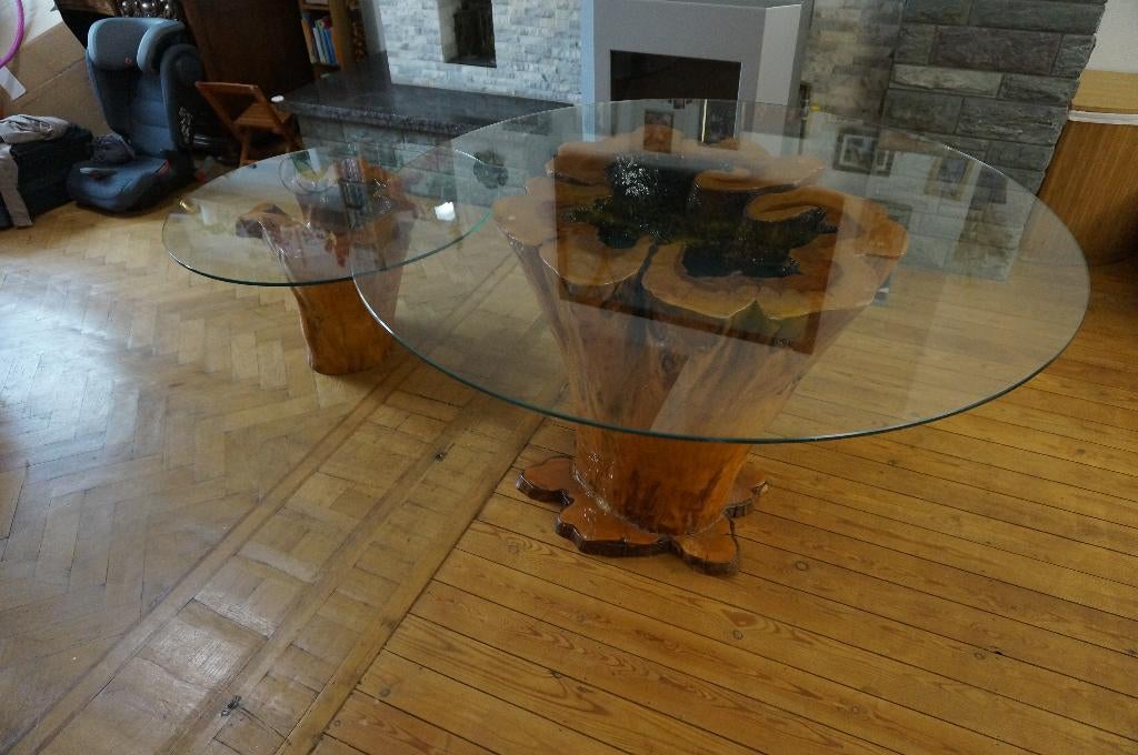 Tables tronc d'arbre en Cyprès (H:75, D:120) & (H:45, D:90), 100 à 150 cm, Cinq personnes ou plus, Rond, Enlèvement