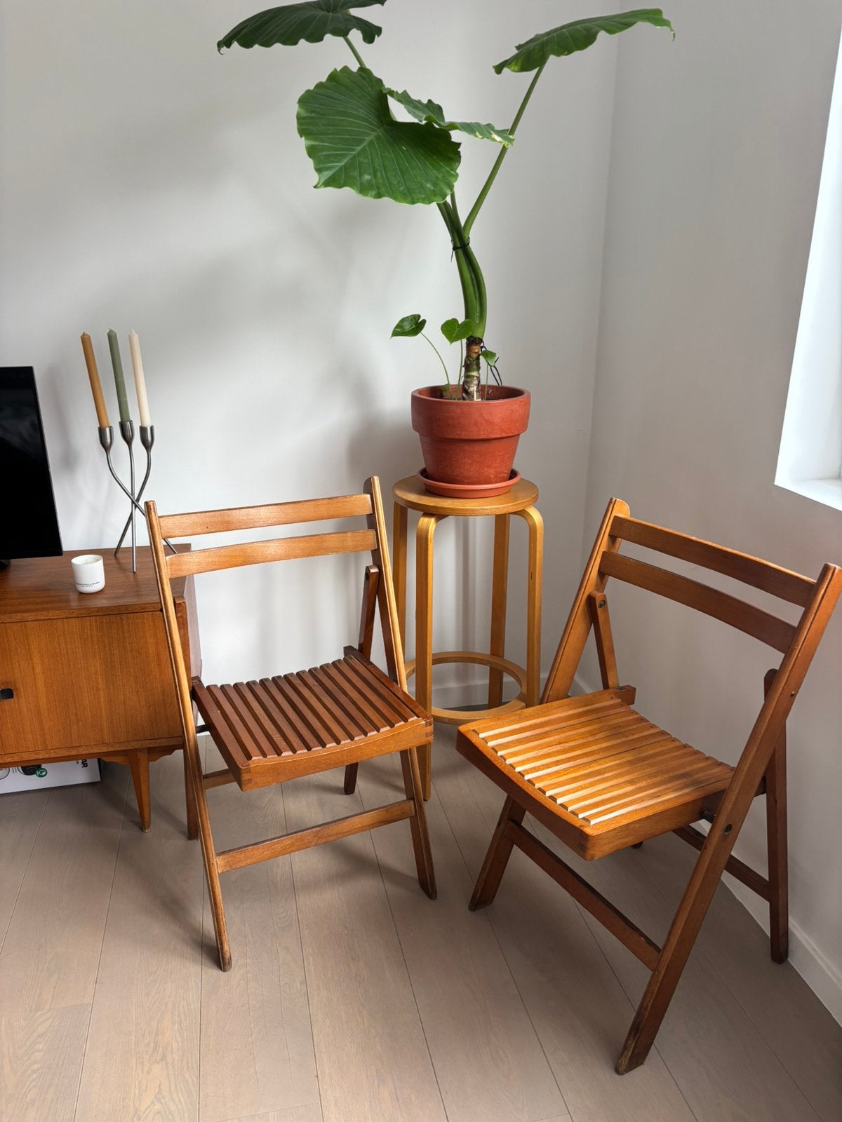 Vintage Mid-Century klapstoelen – set van 2, Tuin en Terras, Ophalen, Gebruikt, Hout, Inklapbaar