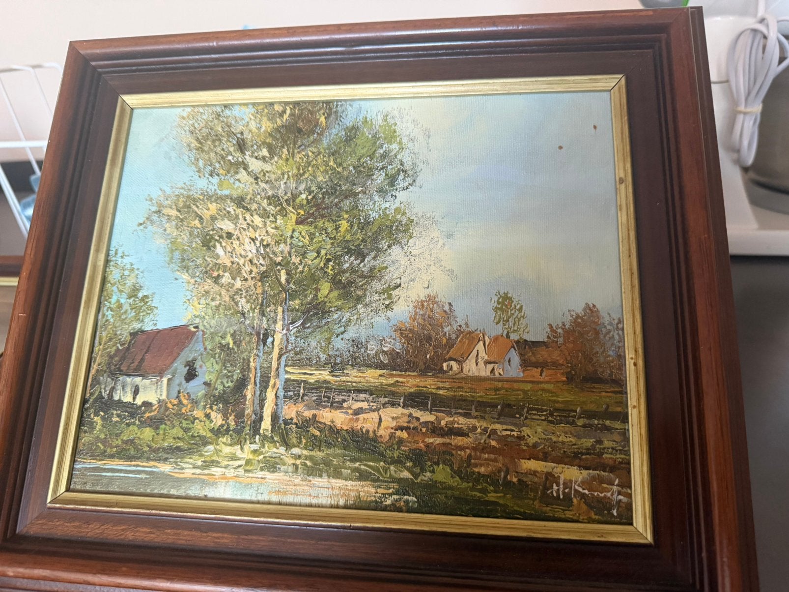 Peinture à l'huile signée avec cadre en bois, Antiquités & Art, Enlèvement ou Envoi, Peinture à l'huile, Paysage, Signé