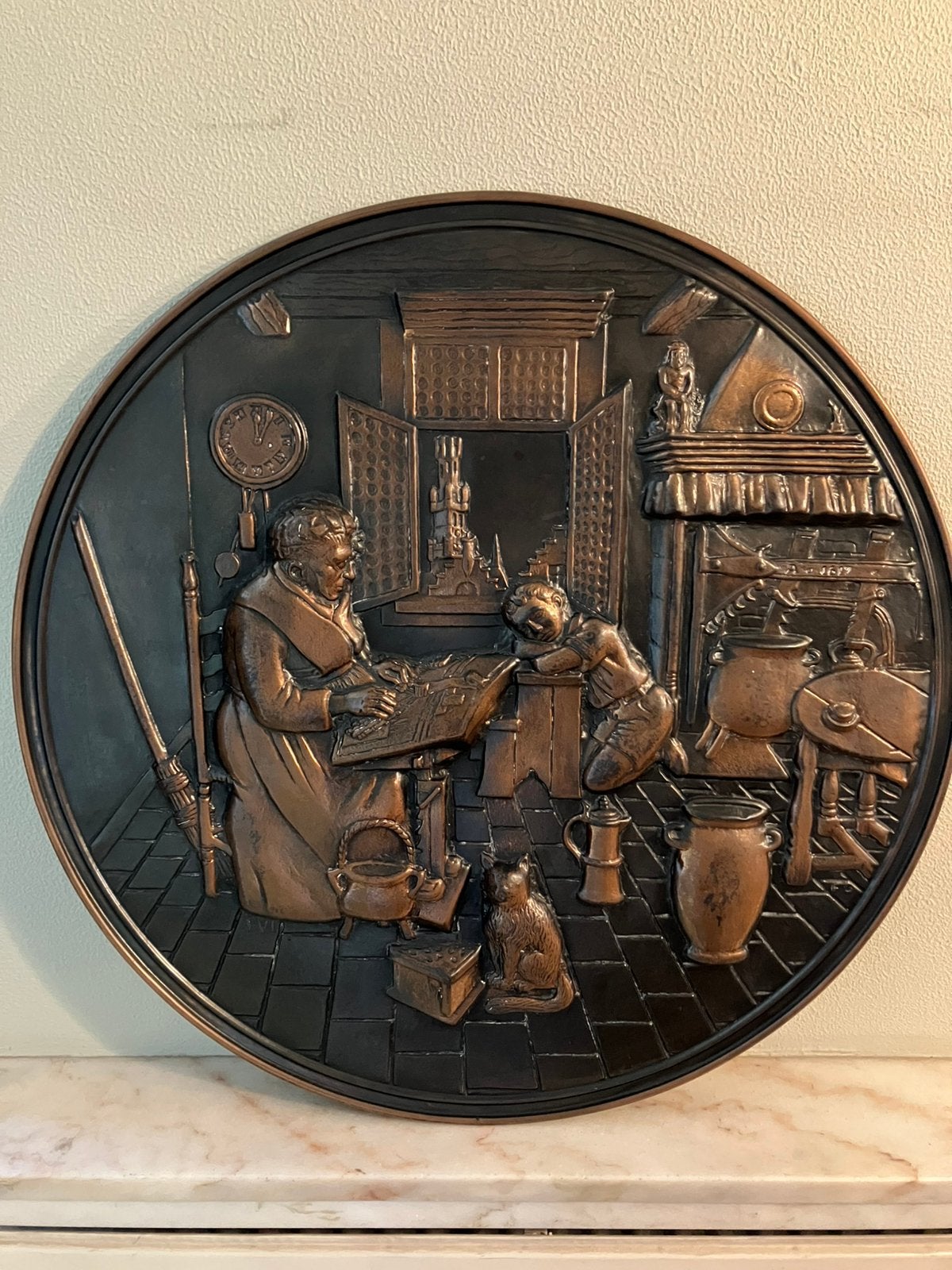grote decoratieve koperen wandplaat in reliëf, Ophalen of Verzenden