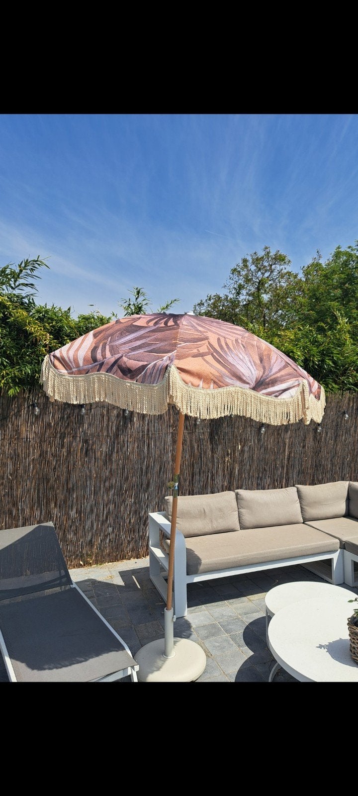 Parasol met print en houten voet, Jardin & Terrasse, Parasols, Enlèvement, Comme neuf, Parasol sur pied