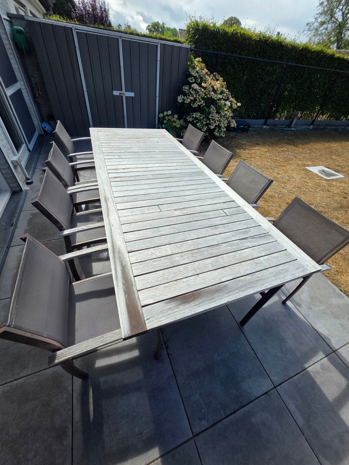 teak tuintafel 2,8m x1,1m + 8 stoelen (8020 Ruddervoorde), Ophalen, Gebruikt, Rechthoekig, Textileen