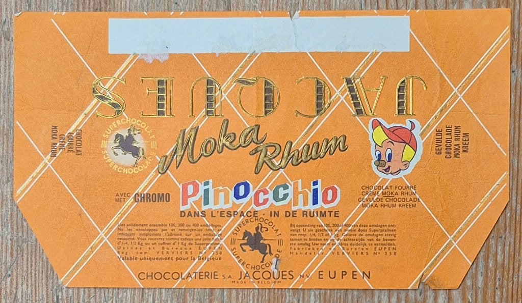 Emballage Chocolat Jacques Pinocchio dans l'espace 1965, Enlèvement ou Envoi, Utilisé, Emballage