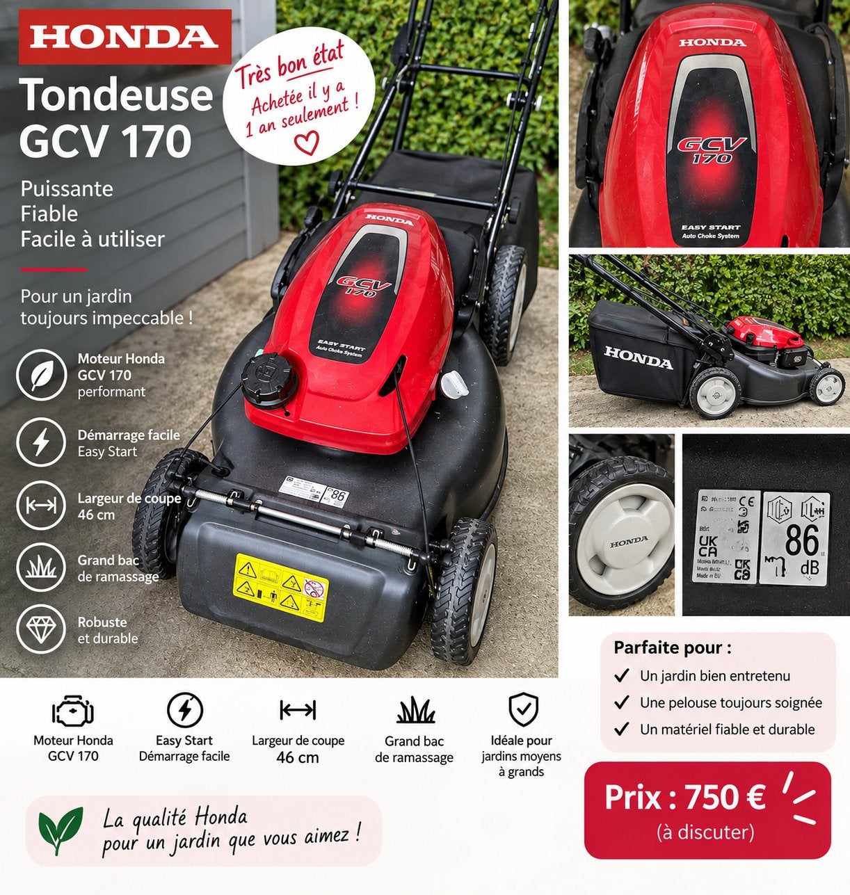 Tondeuse Honda, comme neuve, HONDA, Tondeuse rotative, 40 à 49 cm, Enlèvement