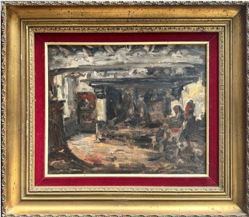huile sur toile interieur signe armand jamar, Antiquités & Art, Enlèvement ou Envoi, Toile