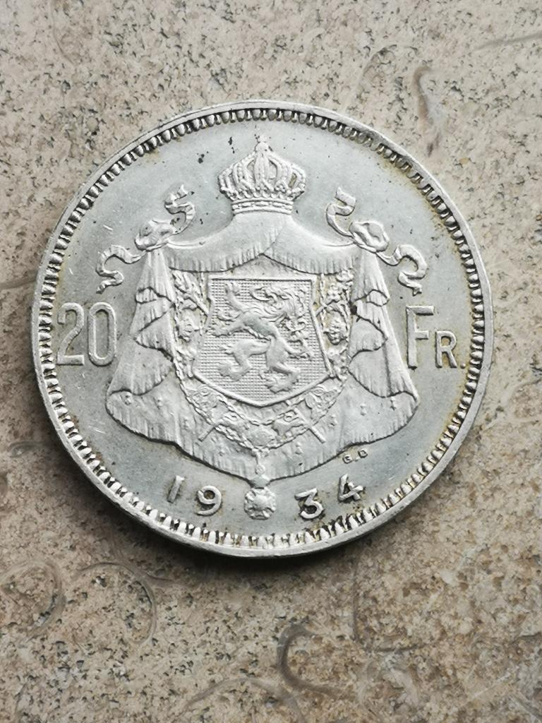 20 bfr 1934 met koning albert, Postzegels en Munten, Munten | België, Ophalen of Verzenden