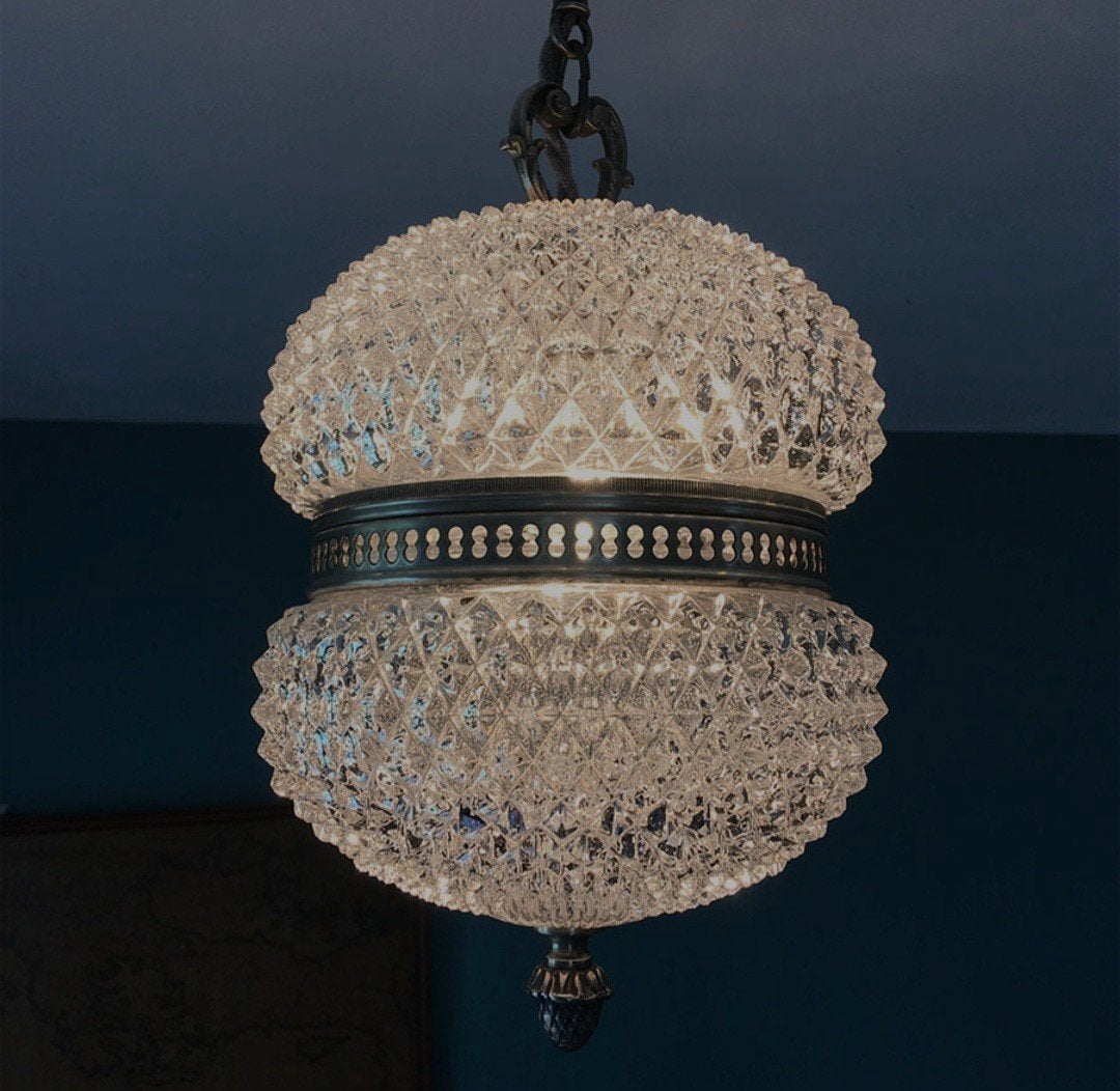Lustre ancien en verre moulé et métal, Enlèvement, Verre, Suspension, Vintage