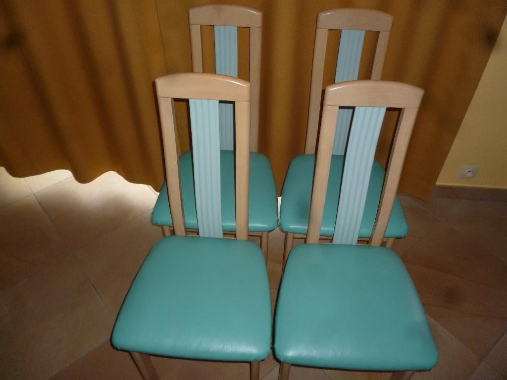4 stoelen (hout en skai), Huis en Inrichting, Stoelen, Ophalen, Gebruikt, Overige kleuren, Vier