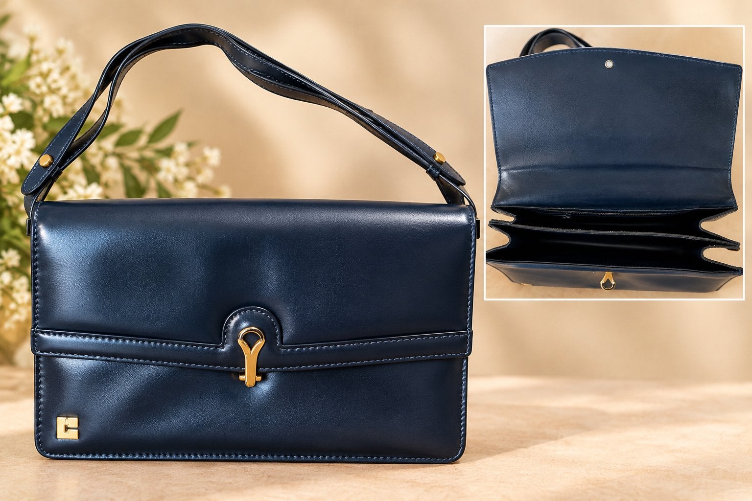 Marineblauwe leren handtas, Ophalen, Zo goed als nieuw, Blauw, Handtas