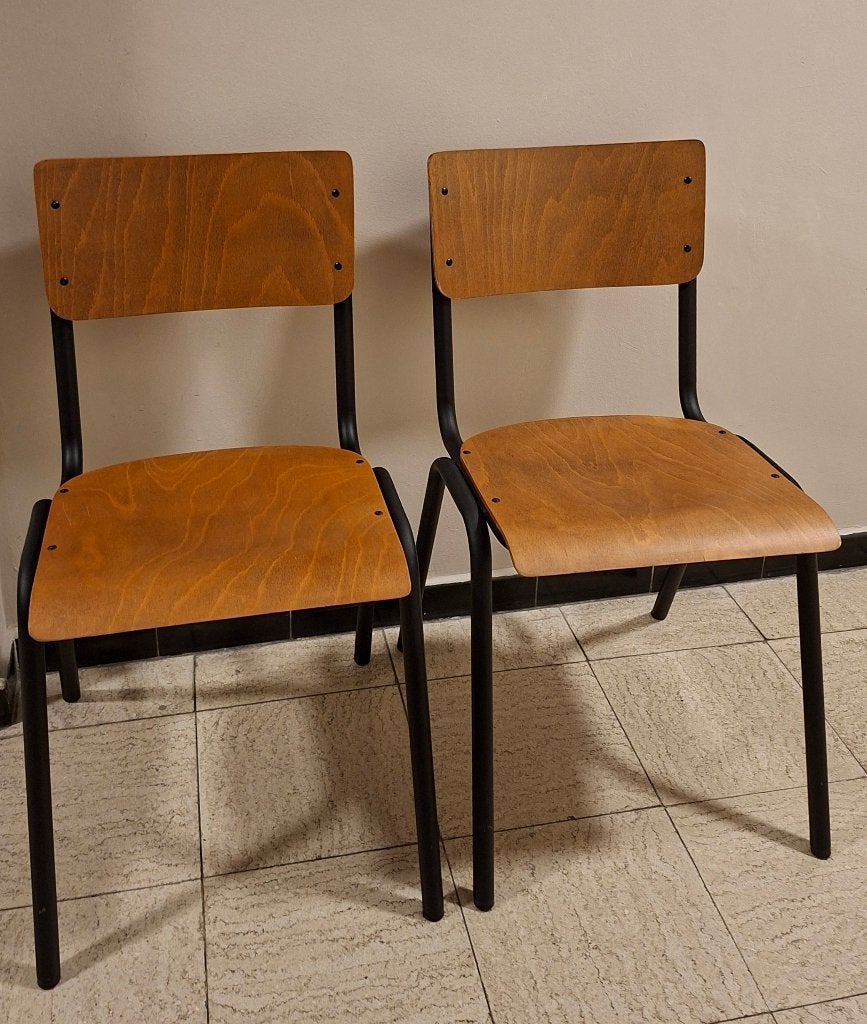 Lot de 2 chaises style écolier - bois et métal, Maison & Meubles, Enlèvement, Utilisé, Bois, Industriel