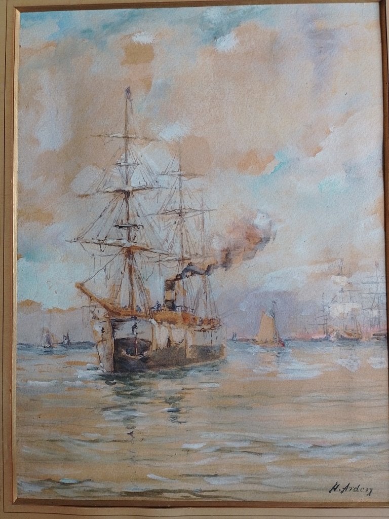 Henry Arden  1858 - 1917  Aquarel Boten op de Schelde, Verzenden