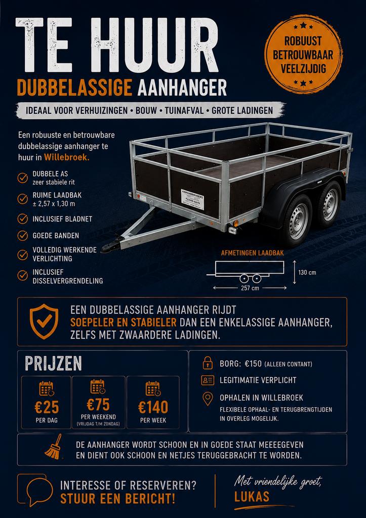 Te huur aanhanger 257x130, Hobby en Vrije tijd, Modelbouw | Auto's en Voertuigen, Ophalen, Zo goed als nieuw