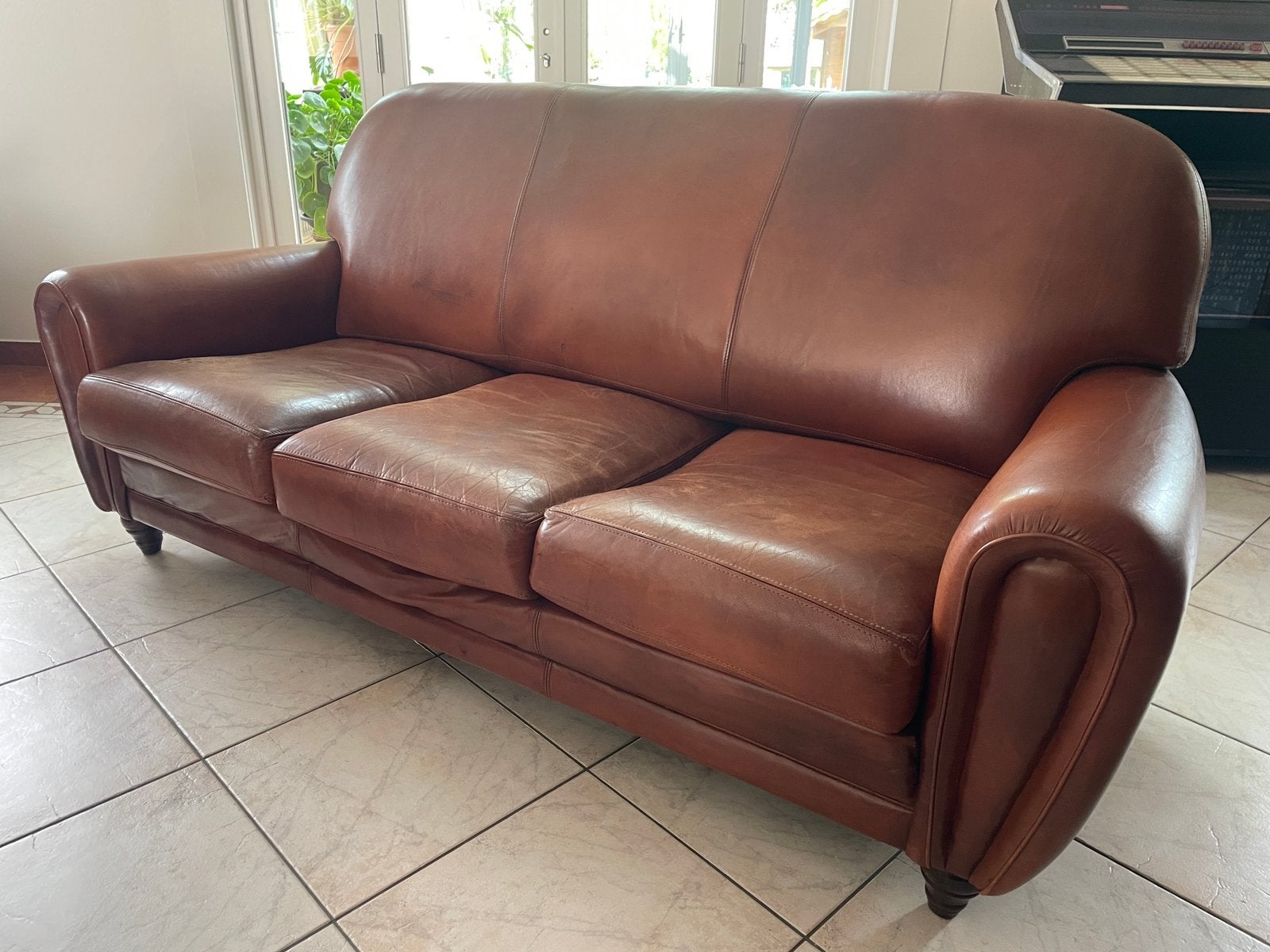 Fauteuil trois places vintage en cuir intégral marron,, Maison & Meubles, Vintage, Enlèvement, Utilisé, Cuir