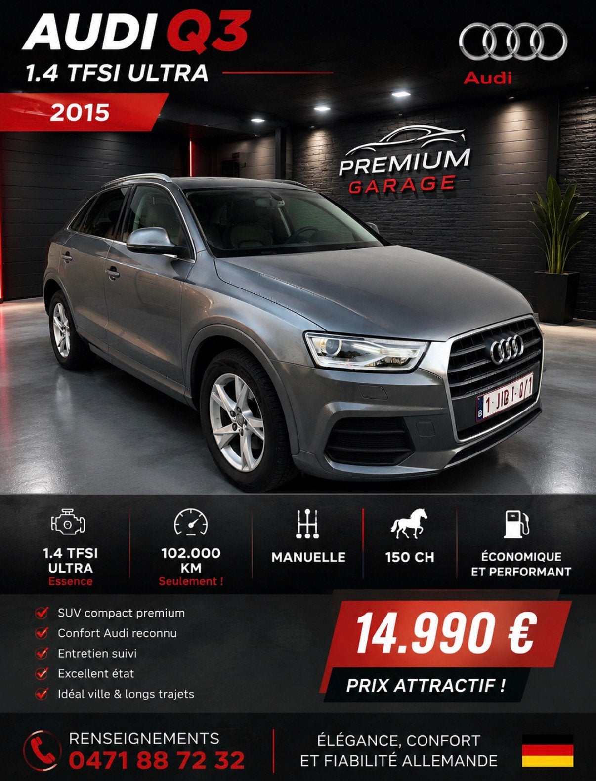Audi Q3 14cc TFSI Ultra uit 2015, Voorwielaandrijving, Zwart, Leder, 1395 cc