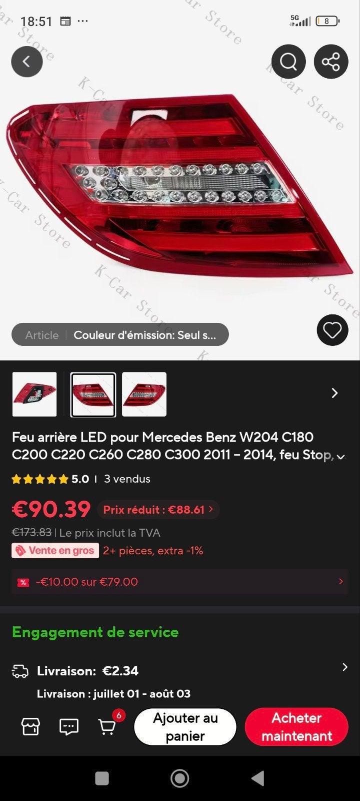 Mercedes w204 feux arrière gauche led 2011 - 2014, Enlèvement