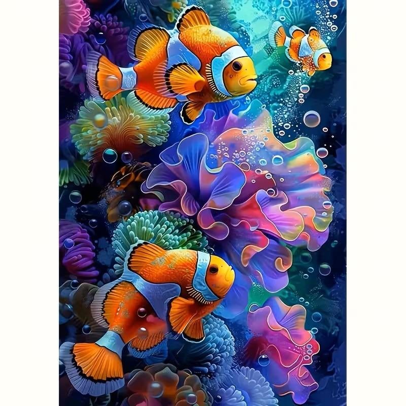 Peinture au diamant n 89 Poisson clown 50x40cm (rond), Neuf, Multicolore, Autocollant, Autres matériaux