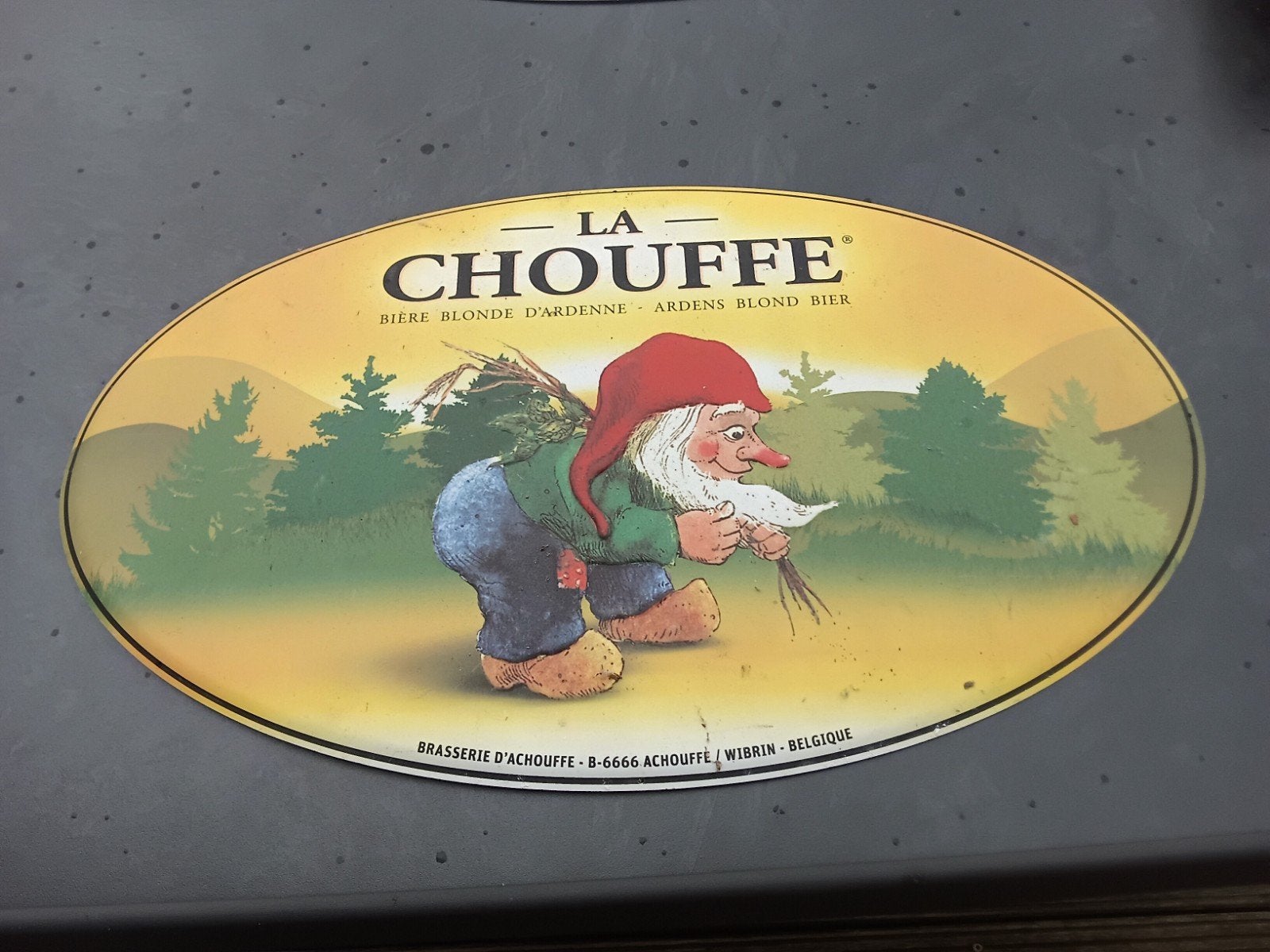 Groot oud metalen bord La Chouffe, Verzamelen, Ophalen of Verzenden