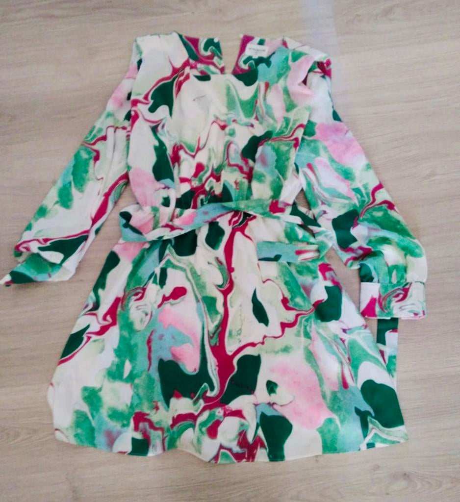 Robe longue Imprimé Marbré Vert/Rose Manches Bouffantes, Enlèvement ou Envoi, Comme neuf, Blanc