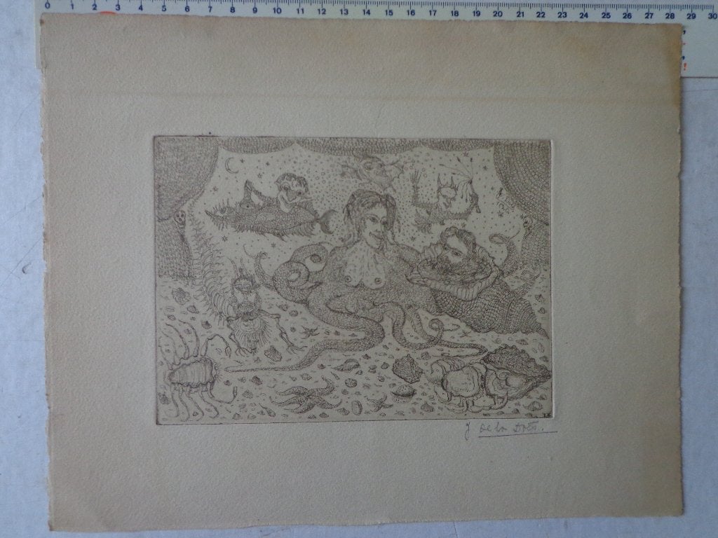 ongewone Ensoriaanse ets van Julien de la Doës 1920, Enlèvement ou Envoi, Eau-forte, Signé, 1900 - 1949