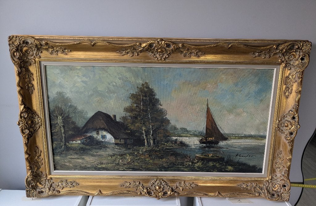 Hollands riviergezicht – Gesigneerd Jansen, Ophalen, Doek, Gesigneerd, Olieverf