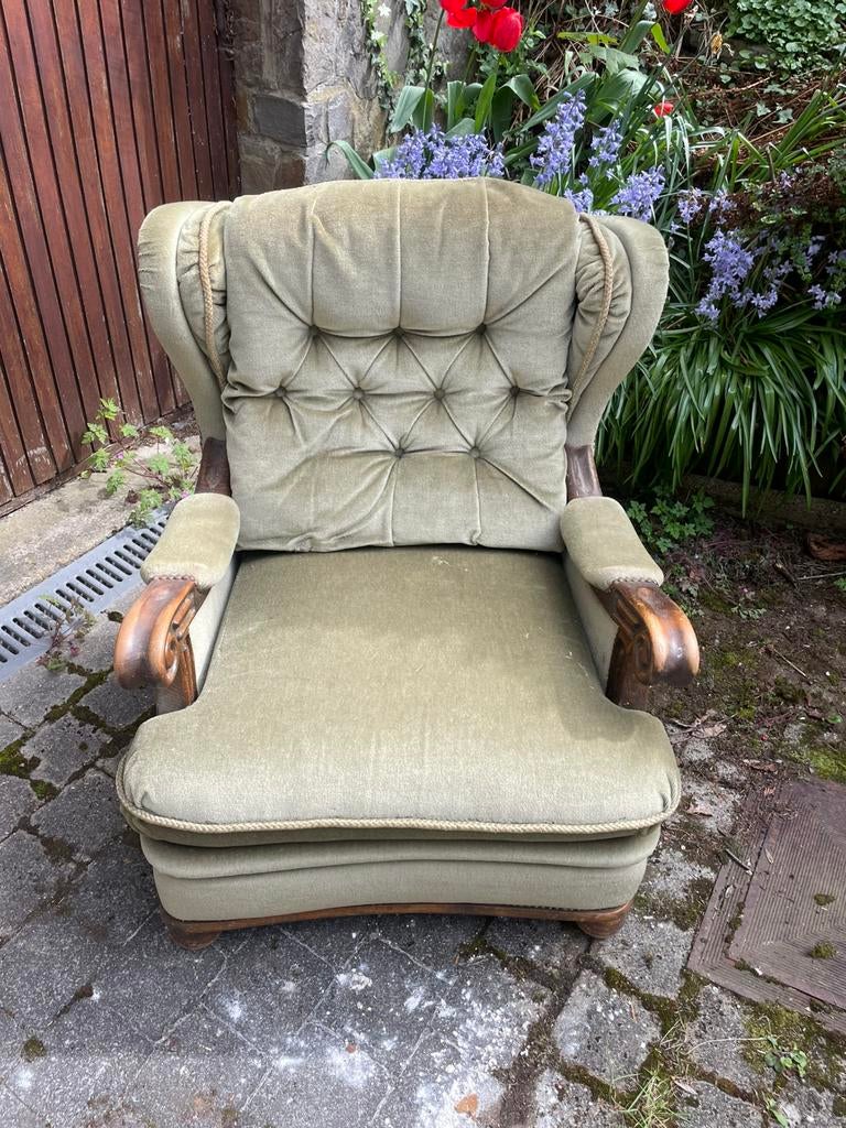 Vintage groene fluwelen fauteuil, Huis en Inrichting, Fauteuils, Ophalen, Gebruikt, 75 tot 100 cm, 75 tot 100 cm