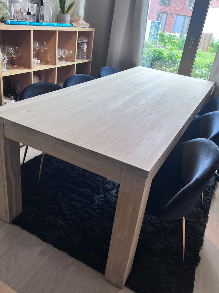 Eiken tafel massief hout en zwarte velvet stoelen, Huis en Inrichting, Tafels | Eettafels, Ophalen, Zo goed als nieuw, Rechthoekig