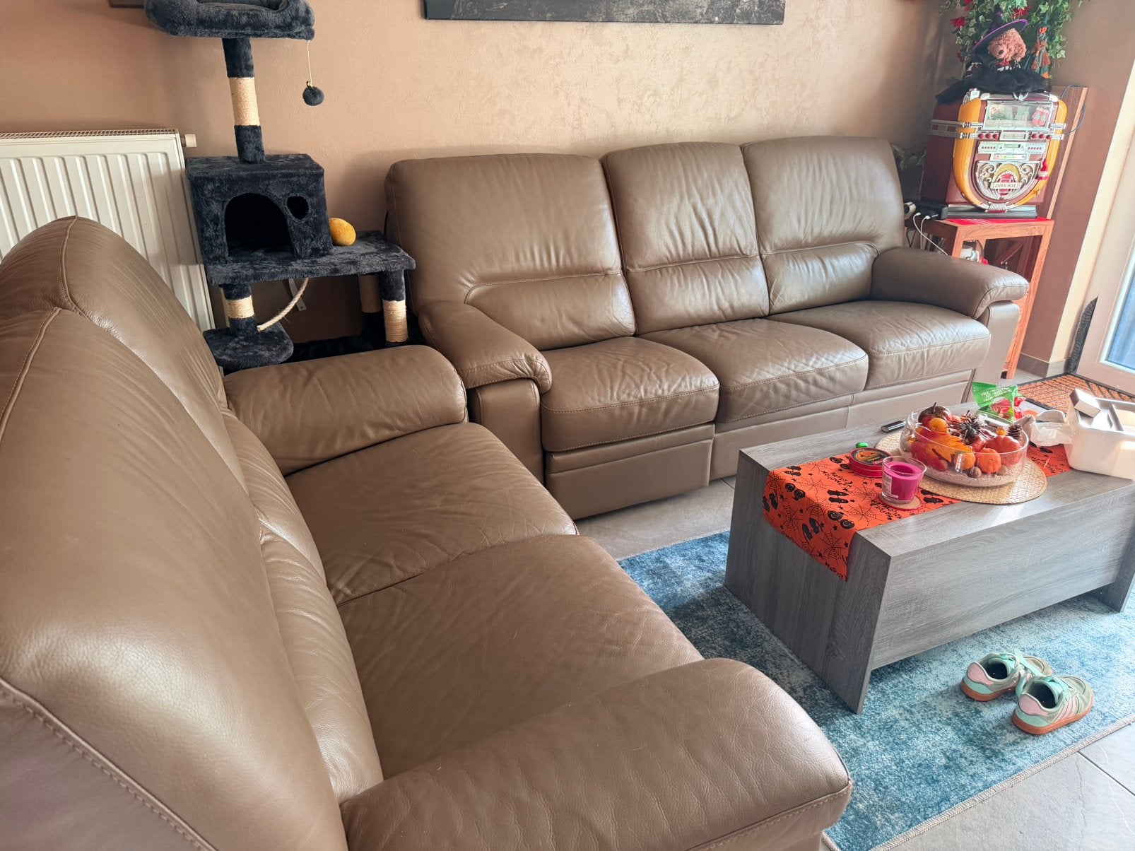 GRATIS driezit en tweezit met relax leder, Ophalen, Gebruikt, Leer