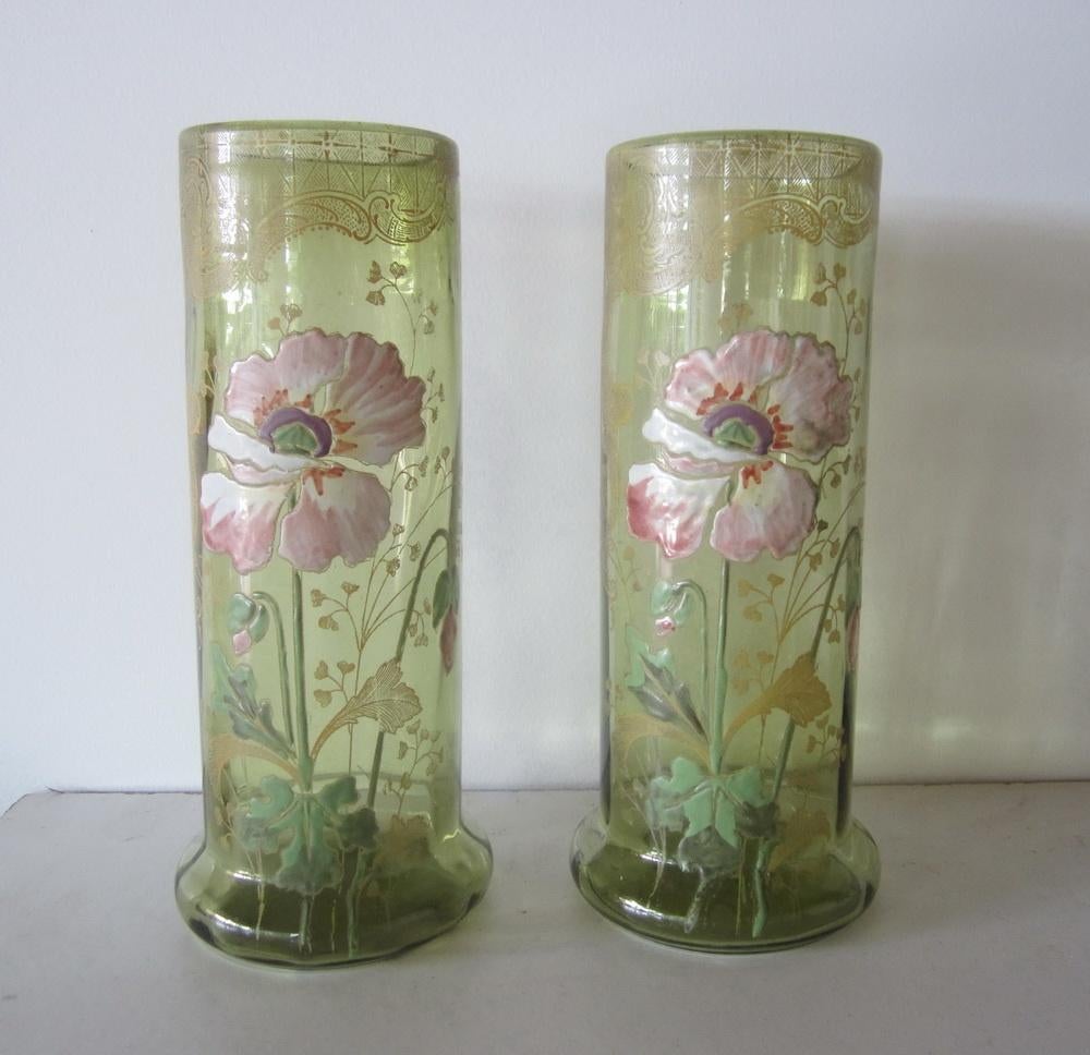 2 vases anciens Legras Montjoye, émail, vers 1910 H 28 cm, Envoi