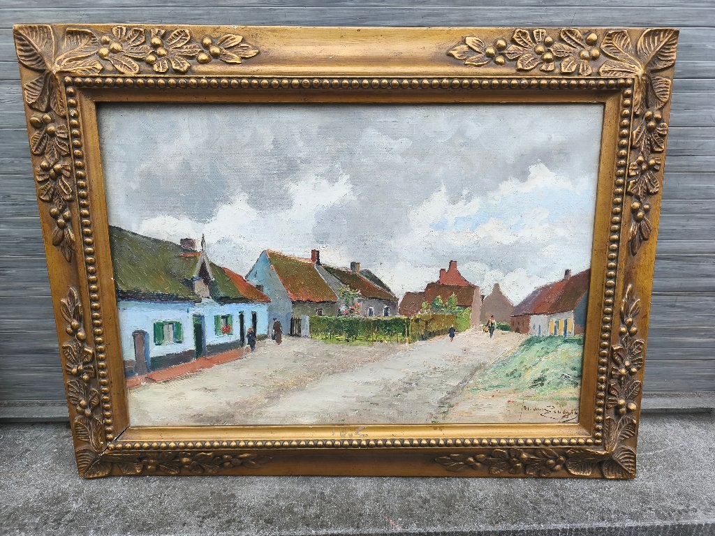 Huile sur toile ruelle signe jos van genegen, Enlèvement ou Envoi, Fleurs, Toile
