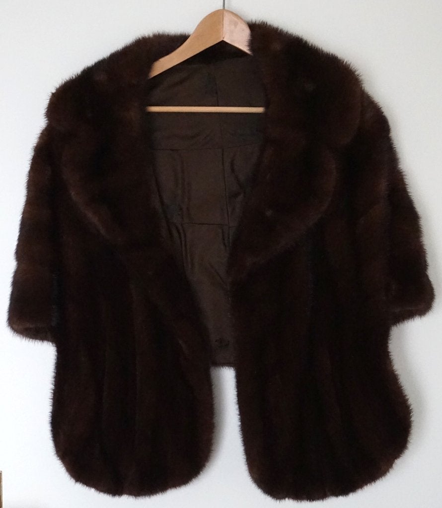 Vintage minkcape, jas of stola met zakken uit 1962, Maat 38/40 (M), Bruin, Sans marque, Ophalen of Verzenden