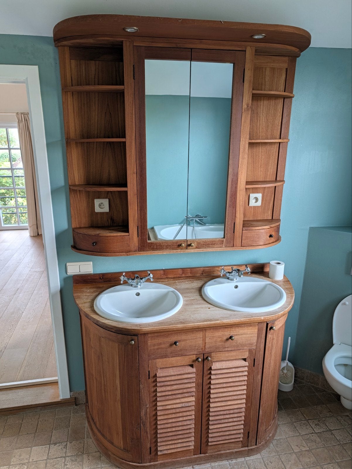 Meuble double vasque teck + armoire miroir et étagères, Enlèvement, Teck