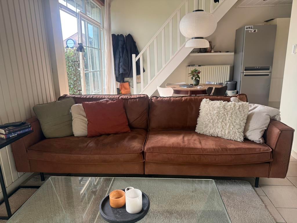 Grote 4 zit zetel in cognac leder mix te koop (merk: juntoo), Maison & Meubles, Canapés | Coins salons complets, Comme neuf, Cuir