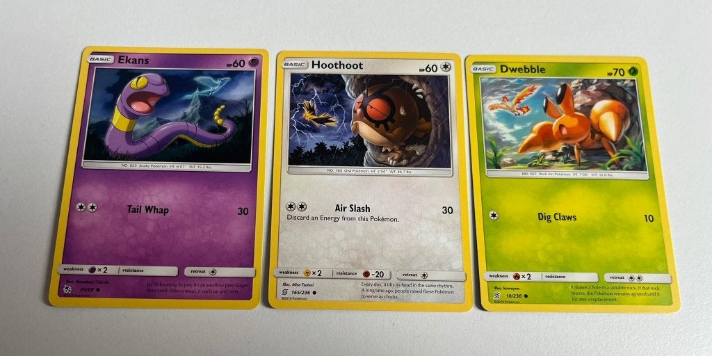 Ekans, Hoothoot, En Dwebble Pokemon Kaarten, Ophalen, Zo goed als nieuw, Meerdere kaarten