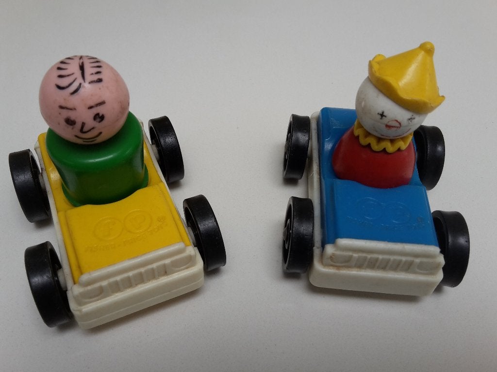 2 Vintage Fisher-Price autootjes + passende ventjes, Kinderen en Baby's, Speelgoed | Fisher-Price, Ophalen of Verzenden, Gebruikt