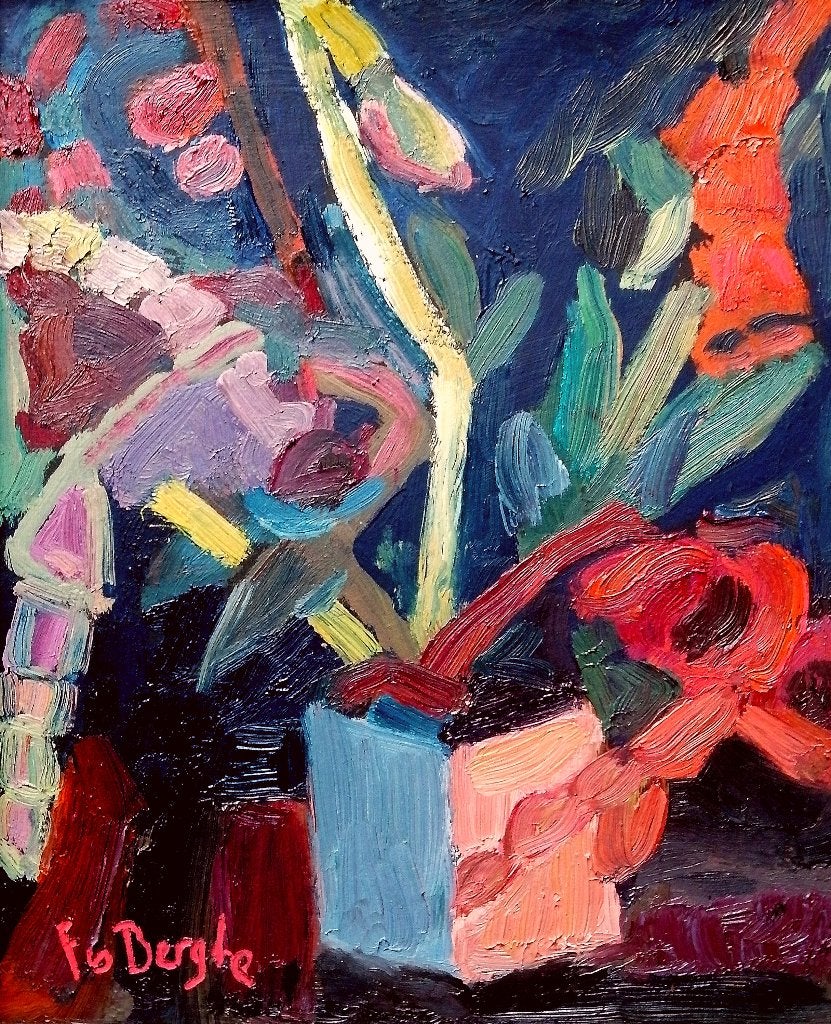 F Van den Berghe '' Bloemen stilleven '' olieverf op karton, Antiek en Kunst, Ophalen of Verzenden, Surrealisme, Olieverf, Bloemen