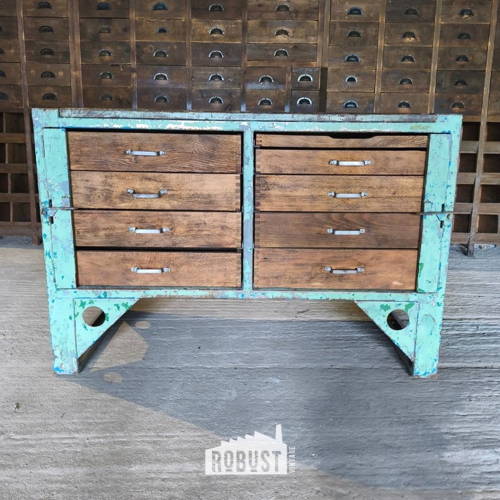 Militaire ladekast | werkbank  | blauwgroen patina, Grenenhout, 100 tot 150 cm, 5 laden of meer, Industrieel Shabby Chic Brocante Vintage