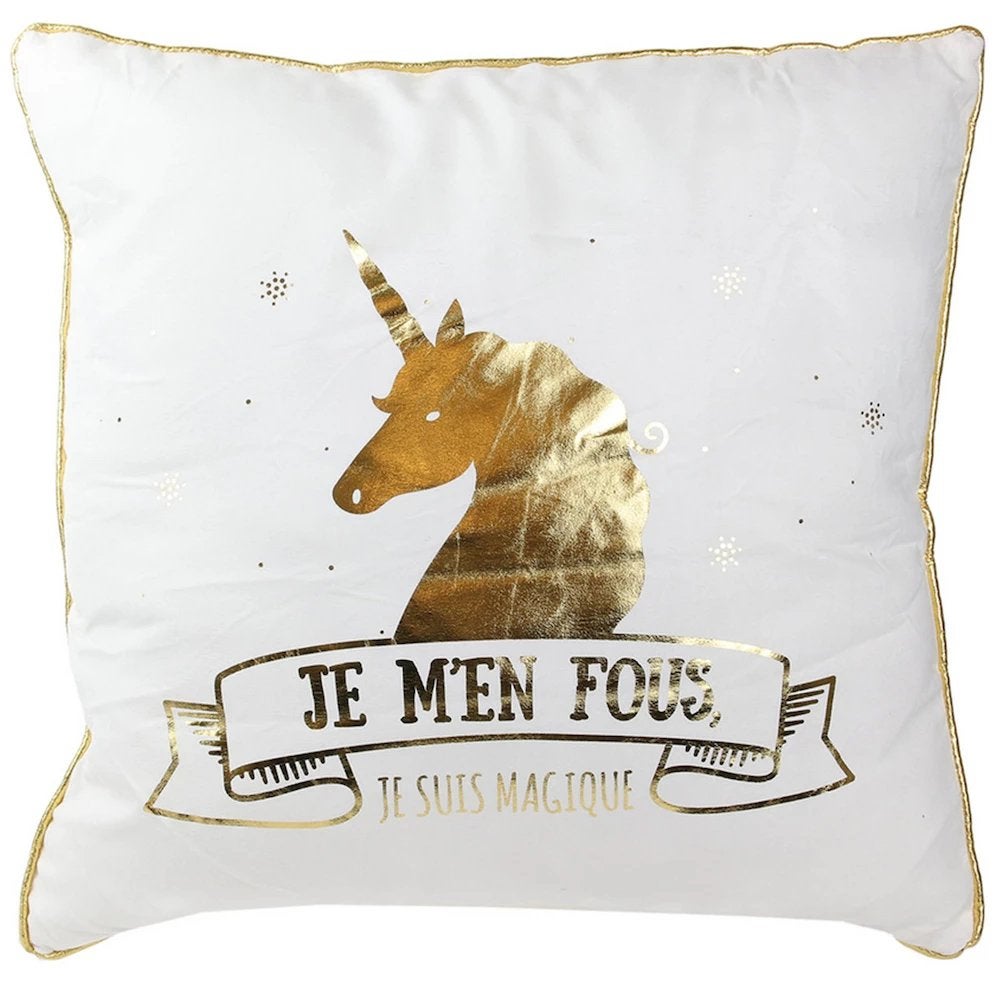 Eenhoorn sierkussen 40x40 cm wit/goud, Overige merken, Inclusief binnenkussen, Vierkant, Nieuw