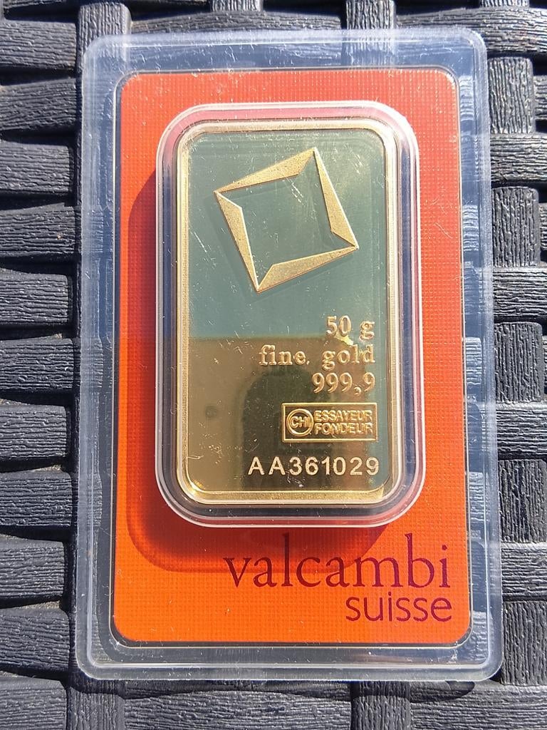 Lingot or 50 grammes 24 carats , 999/1000 valcambi, Enlèvement, Or