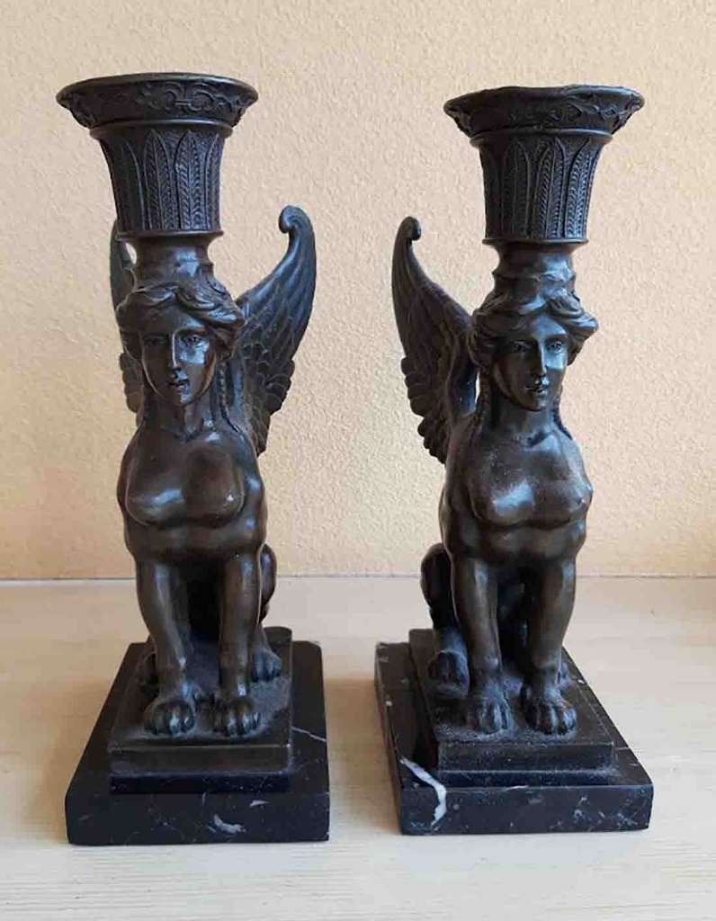 Art Nouveau bronzen koppel Sfinxen - genummerd - gietstempel, Antiek en Kunst, Kunst | Beelden en Houtsnijwerken, Beeld, Brons