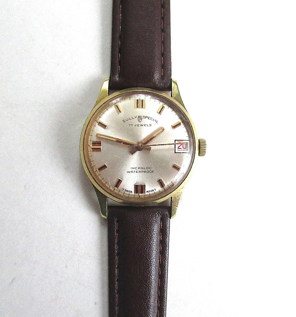 Vintage Sully Special Swiss herenhorloge met kalender, 50-60, Antiek en Kunst, Ophalen of Verzenden