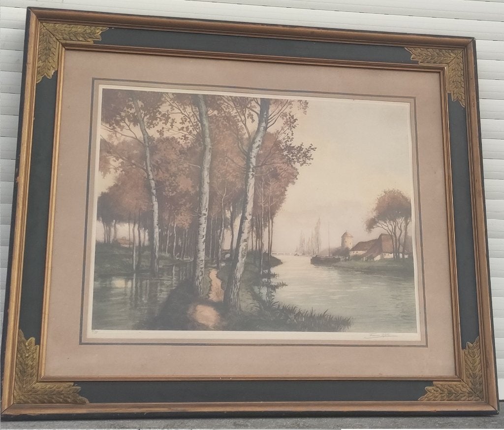 eau forte paysage avec riviere signe roth, Enlèvement ou Envoi, Paysage